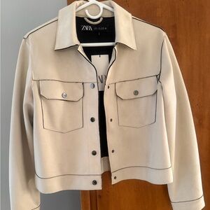 Zara Cream Trucker Jacket with Dark Contrast Stitching